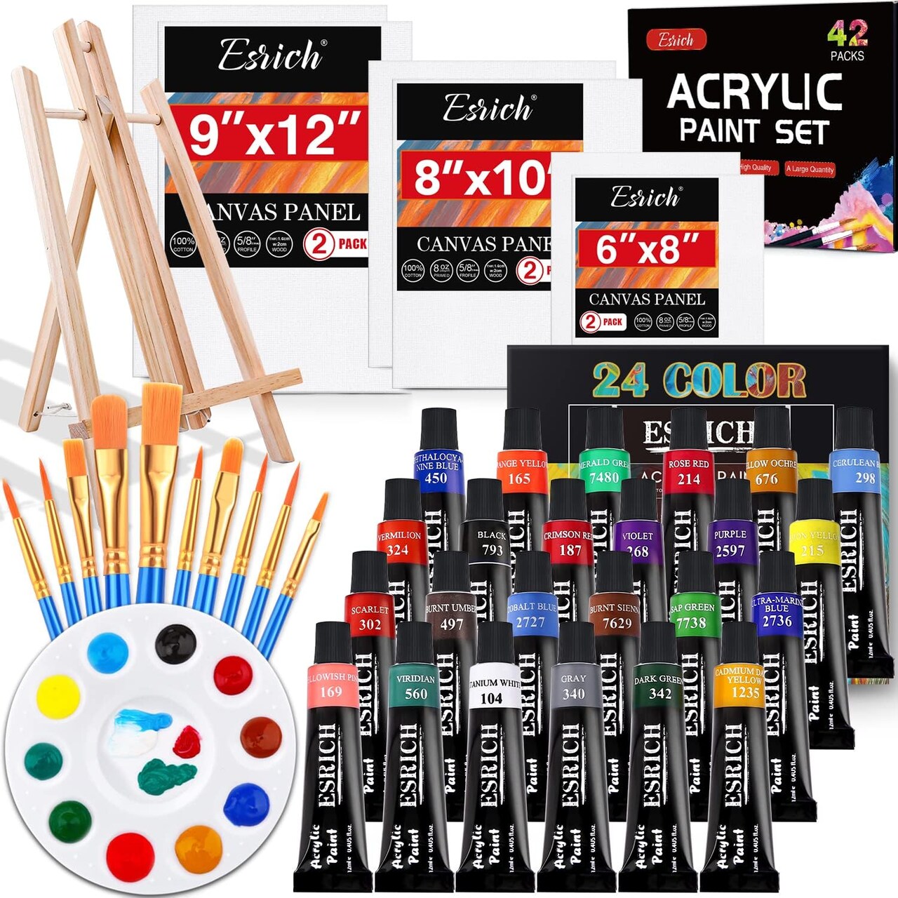 Acrylic Paint Canvas Set,42 Piece Professional Premium Paint Kit with 1 Wood Easel,24Colors,10 Brushes,6 Canvases, Painting Supplies Kit for Kids,Students, Artists and Beginner